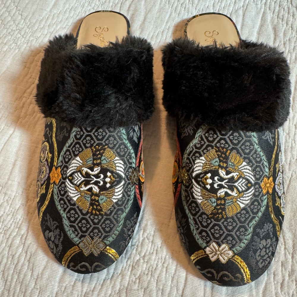 NEW Seychelles Women's in Your Dreams Black Brocade Mules 8.5
